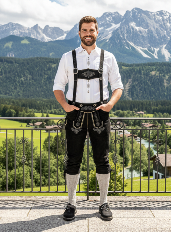 Mens Black Leather Lederhosen with embroidered suspenders – Edelweiss Creek