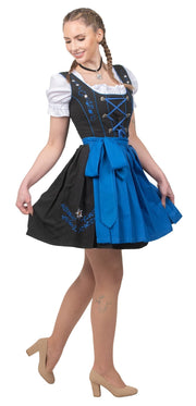 Short Black Traditional Dirndl Dress Set with Blue Apron and White Crop Top Blouse