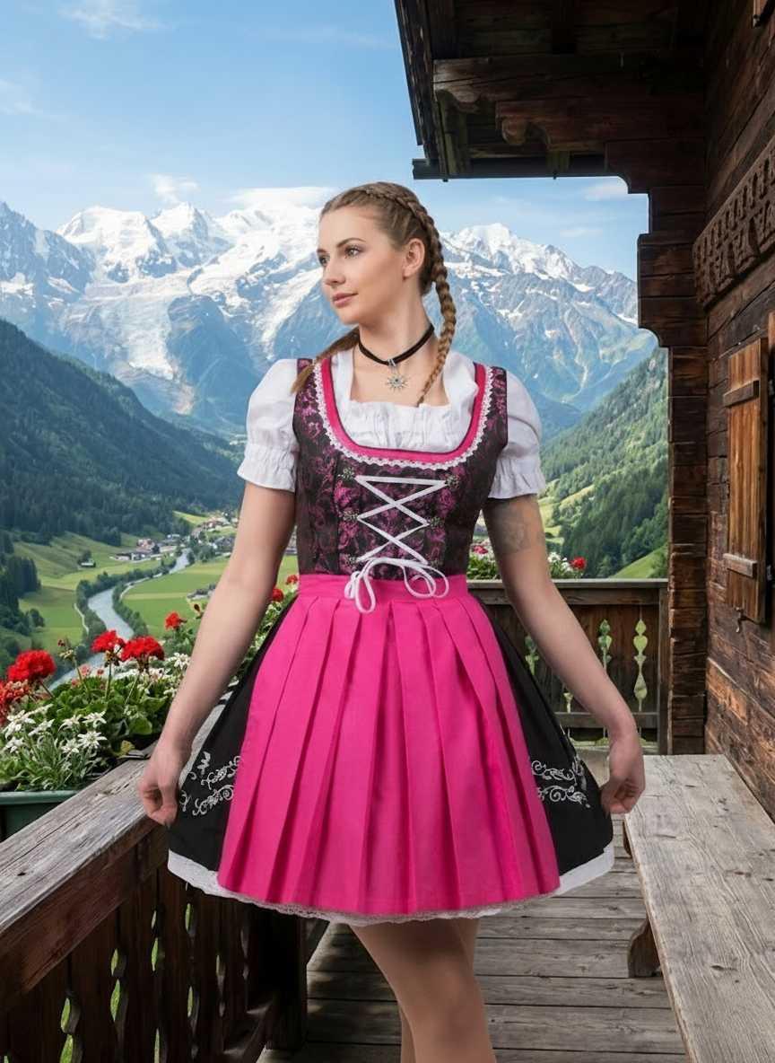 Women’s Short Black & Pink Dirndl Set – dress, apron, white blouse – Edelweiss Creek