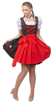 Short Black Dirndl Dress Set with Red Apron and White Crop Top Blouse