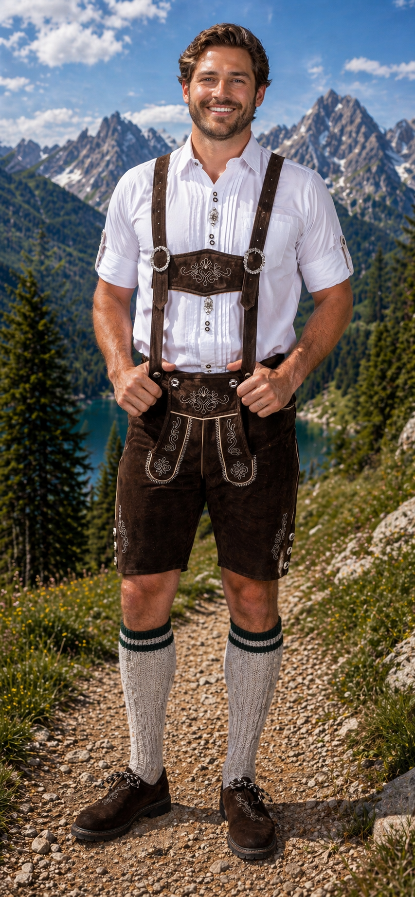 Mens Dark brown Leather Lederhosen with embroidered suspenders – Edelweiss Creek
