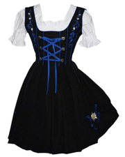 Short Black Traditional Dirndl Dress Set with Blue Apron and White Crop Top Blouse