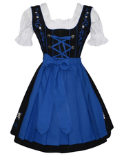 Short Black Traditional Dirndl Dress Set with Blue Apron and White Crop Top Blouse