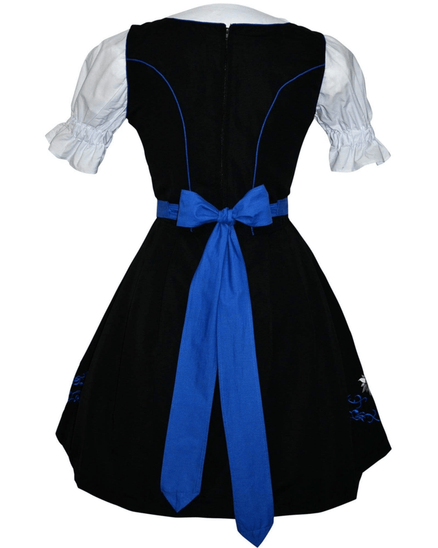 Short Black Traditional Dirndl Dress Set with Blue Apron and White Crop Top Blouse