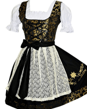 Black and Gold Oktoberfest Dirndl Dress Set with Lace Apron and White Crop Top Blouse