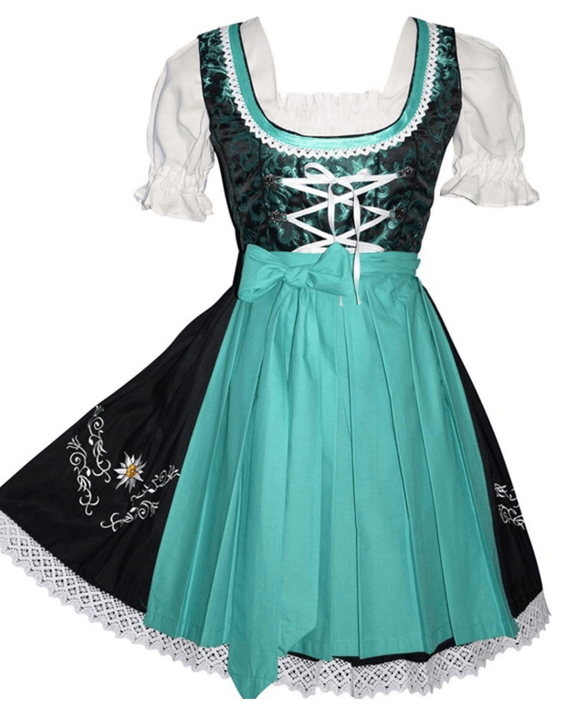 Elegant German Dirndl Set - Short Black Dirndl Dress Set with Aqua Green Apron and White Crop Top