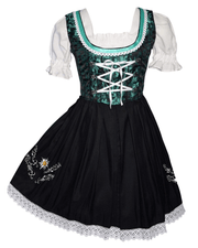 Elegant German Dirndl Set - Short Black Dirndl Dress Set with Aqua Green Apron and White Crop Top