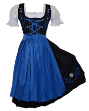 Authentic German Long Black Dirndl Dress Set with Blue Apron, White Crop Top Included