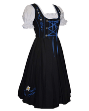 Authentic German Long Black Dirndl Dress Set with Blue Apron, White Crop Top Included