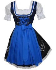 Traditional German Dirndl Dress Set - Short Black Dirndl Dress with Lace Detailing, Blue Apron and White Crop Top Blouse