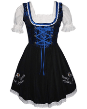 Traditional German Dirndl Dress Set - Short Black Dirndl Dress with Lace Detailing, Blue Apron and White Crop Top Blouse