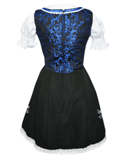 Traditional German Dirndl Dress Set - Short Black Dirndl Dress with Lace Detailing, Blue Apron and White Crop Top Blouse