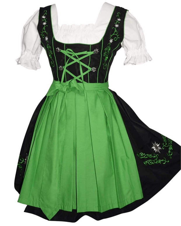 Vibrant Oktoberfest Dirndl Dress Set - Short Black Dirndl Dress, Green Apron, White Crop Top Blouse