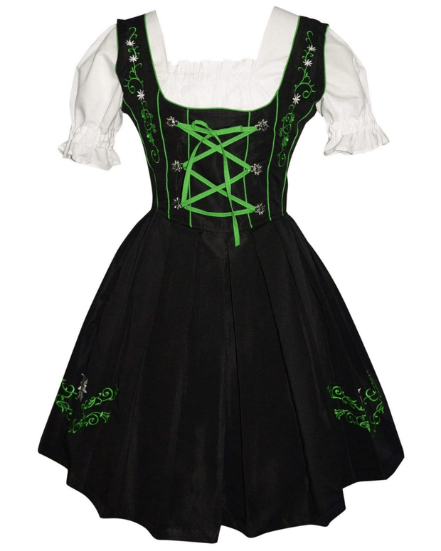 Vibrant Oktoberfest Dirndl Dress Set - Short Black Dirndl Dress, Green Apron, White Crop Top Blouse