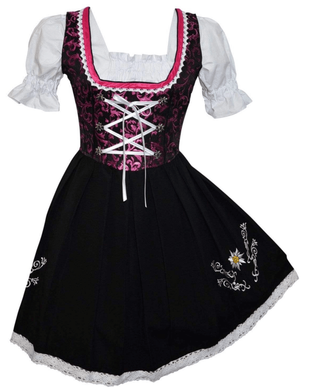 Elegant Dirndl Dress Set - Complete with Short Black Dirndl Dress, Pink Apron and White Crop Top Blouse