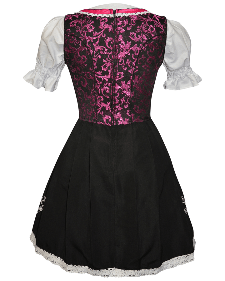 Women’s Short Black &amp; Pink Dirndl Set – dress, apron, white blouse – Edelweiss Creek
