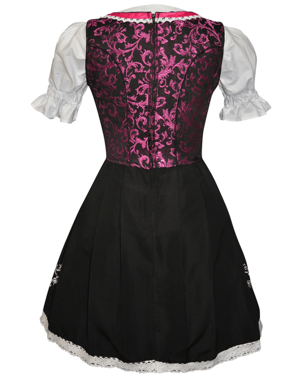 Elegant Dirndl Dress Set - Complete with Short Black Dirndl Dress, Pink Apron and White Crop Top Blouse