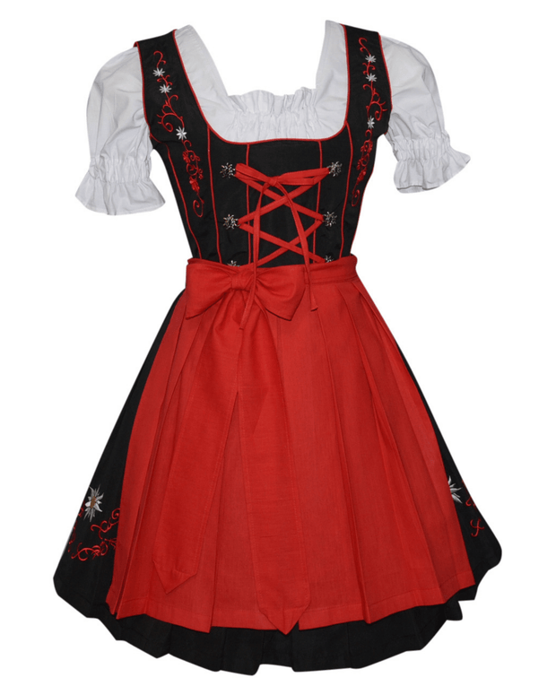 Short Black Dirndl Dress Set with Red Apron and White Crop Top Blouse