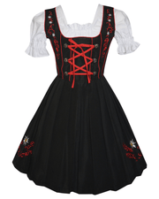 Short Black Dirndl Dress Set with Red Apron and White Crop Top Blouse