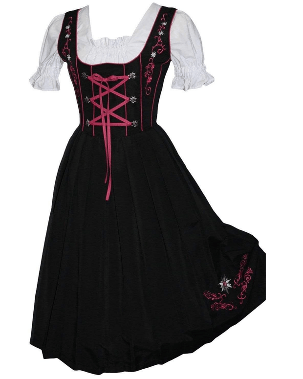 Traditional German Oktoberfest 3 Piece Black Dirndl Dress Set with Pink Apron and Traditional White Crop Top Blouse