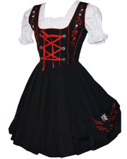 Short Black Dirndl Dress Set with Red Apron and White Crop Top Blouse